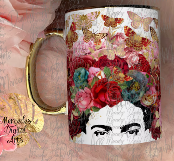 Frida kahlo Mercedes art boutique increible mug para el café grande o un buen té - frida kalho con diadema de flores